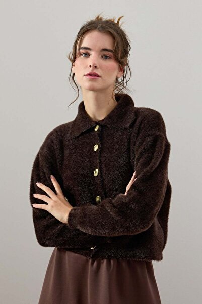Ceylan Otantik Bitter Brown Polo Neck Plush Cardigan