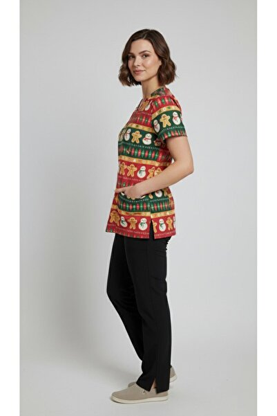 DEMOTEKS Tricou de Craciun Turtă Dulce - T-Shirt Dungi Roșii-Verzi cu Decolteu în V