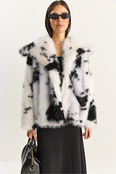 Bianco Lucci Women's Cow Patterned Lined Faux Fur Jacket 3489 60283866