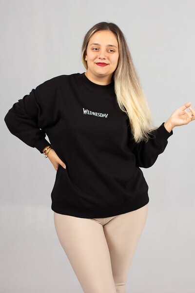 Truva XXL Πίσω με τύπωμα Εσωτερικά Είναι επένδυση fleece Μαύρο χωρίς κουκούλα 2-κλωνικό ιδρώτα