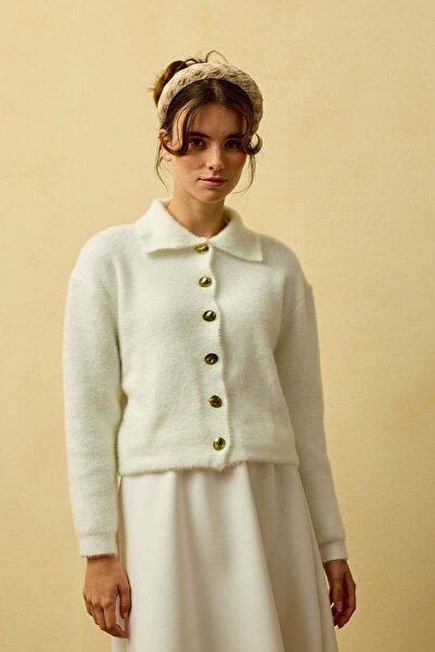 Ceylan Otantik Ecru Polo Neck Plush Cardigan