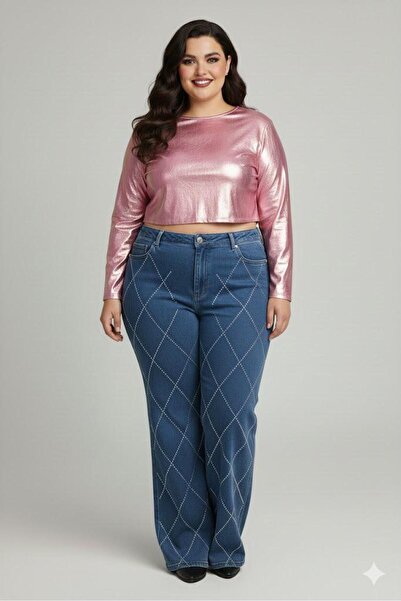 FİVA JEANS Plus Size Jeans Premium Super High Waist Stretchy Diamond Stone Wi...