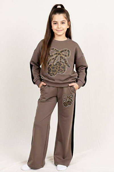 MODANINO Girl's Stone Embroidered Cherry and Bow Patterned-2 Thread-Top and Bottom Set-5-12 Years Old 12445