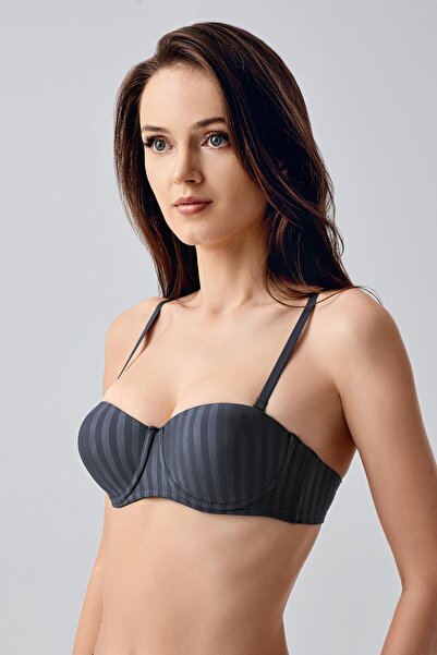 cotonhause Women's Strapless Supported Anthracite Patterned Bra C6T5N0733