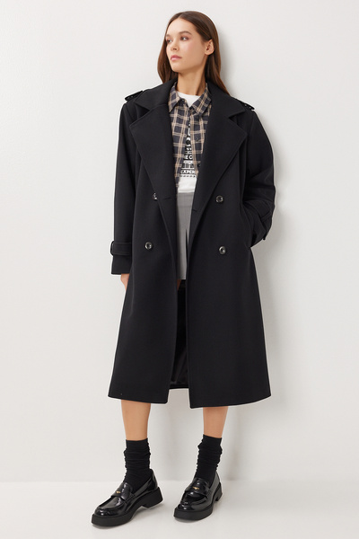 Lovelyİstanbul Kruvaze Yaka Kuşaklı Kaşe Kaban LNT0016 SİYAH