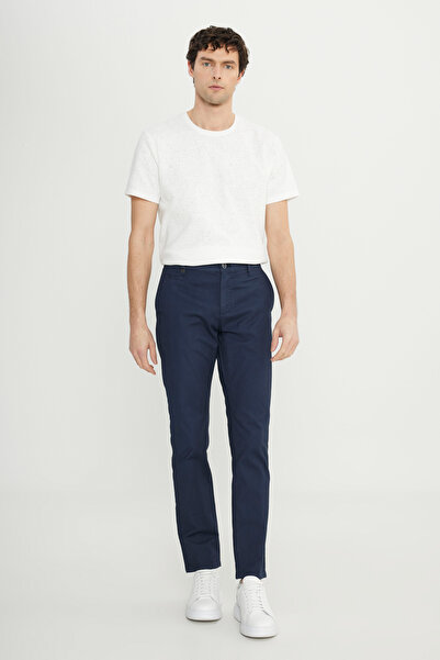 ALTINYILDIZ CLASSICS Men's Navy Blue Cotton Slim Fit Slim Fit Side Pocket Dobby Stretch Casual Trousers