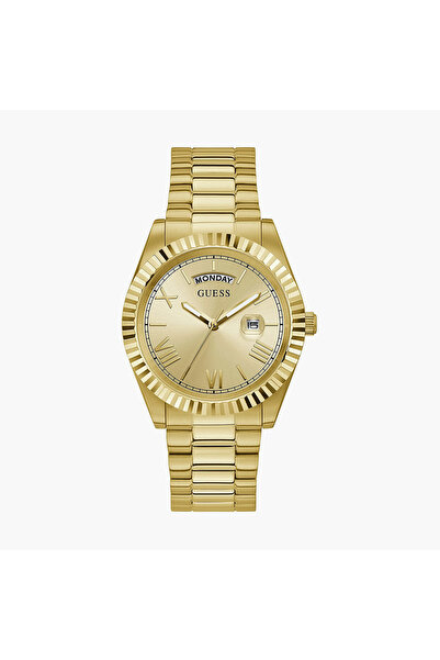 Guess ساعة رجالية ذهبية اللون، تناظرية، بسوار من الفولاذ المقاوم للصدأ - GW02...