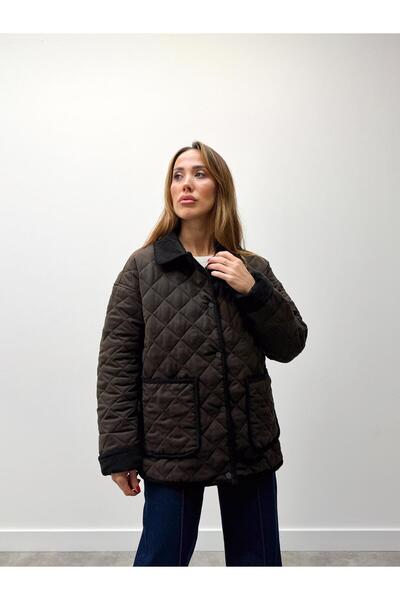 Maldia Shop Women's Vera Velvet Collar Brown Quilted Coat