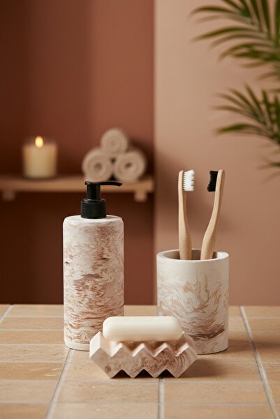 betonmall 3 Pieces Marble Pattern Concrete Bathroom Set Liquid Soap Dispenser Toothbrush Holder Solid Soap Dish