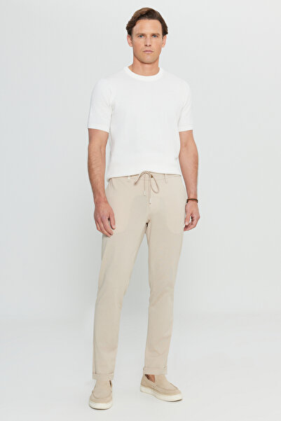 ALTINYILDIZ CLASSICS Ανδρικό μπεζ βαμβακερό παντελόνι εφαρμοστό με λεπτή εφαρμογή, δεμένη μέση, ελαστικό παντελόνι με πλαϊνές τσέπες