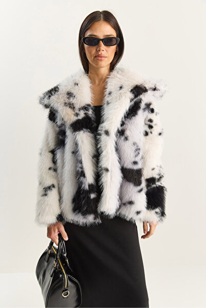 Bianco Lucci Women's Cow Patterned Lined Faux Fur Jacket 3489 60283866