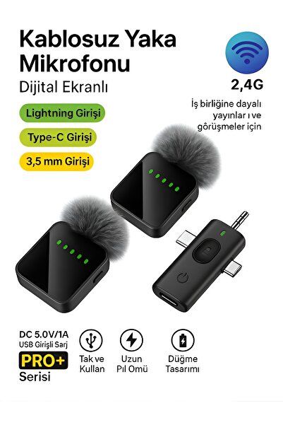 DEANB Lightining Type-C 3.5mm Uyumlu Dijital Ekranlı 2.4G Kablosuz Çift Yaka Mikrofonu Pro++