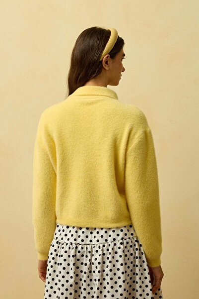 Ceylan Otantik Lemon Yellow Polo Neck Plush Cardigan