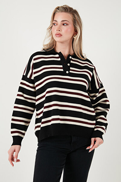 Lela Πουλόβερ με ριγέ λαιμόκοψη με κουμπιά oversized Fit POLO COLLAR SWEATER 4615259