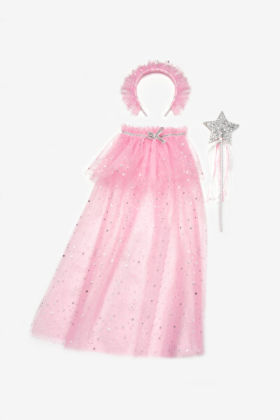 Le Mabelle Pink Silver Star Patterned Girl's Cape Staff and Crown Set