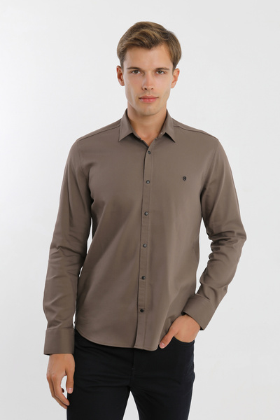 Smc by Semco Small Collar Snap Fastener Stretch Fabric Denim Look Long Sleeve Men's Shirt Slim Fit