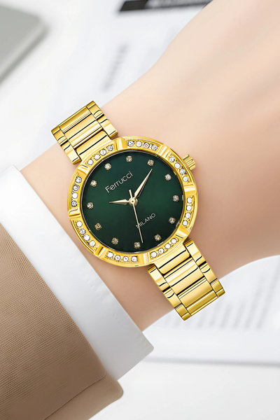 Ferrucci Çelik Kordon Çelik Kasa Kadın Kol Saati, Bileklik Hediye Gold-Yeşil zmfer202
