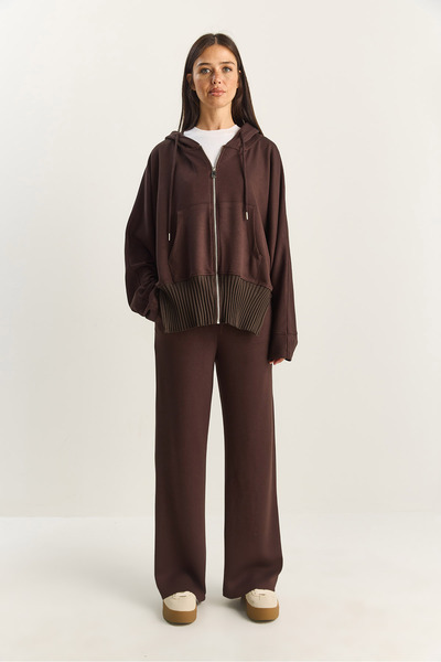 Bianco Lucci Women's Ribbed Oversized Hooded Zippered Sweat Wide Leg Comfort Pants Set 4038 60283855