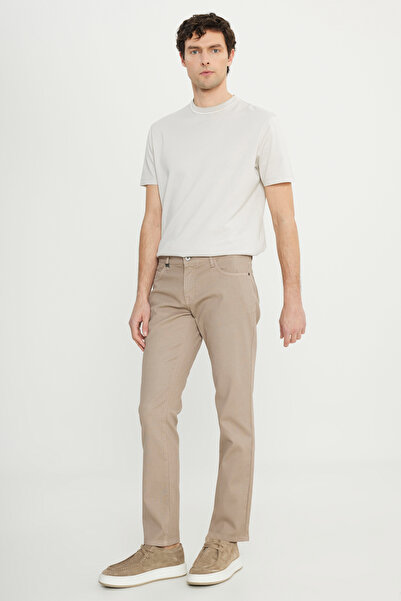 ALTINYILDIZ CLASSICS Men's Beige Cotton Slim Fit Slim Fit 5 Pocket Dobby Stretch Casual Trousers