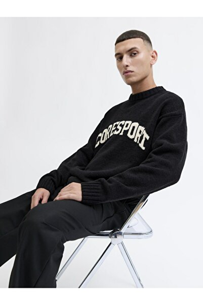 Jack & Jones Men's Black Jcocrest Knit Jacquard Crew Neck Sweater & Cardigan 12287251-Black