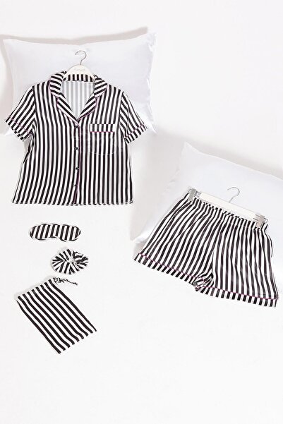 FOR YOU MODA 5-teiliges Set aus schwarz-weiß gestreiften Satin-Pyjamashorts