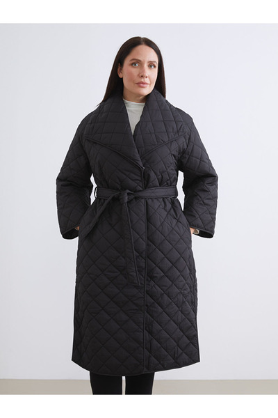 LC Waikiki Modest Black Jacket Collar Quilted Women's Puffer Coat