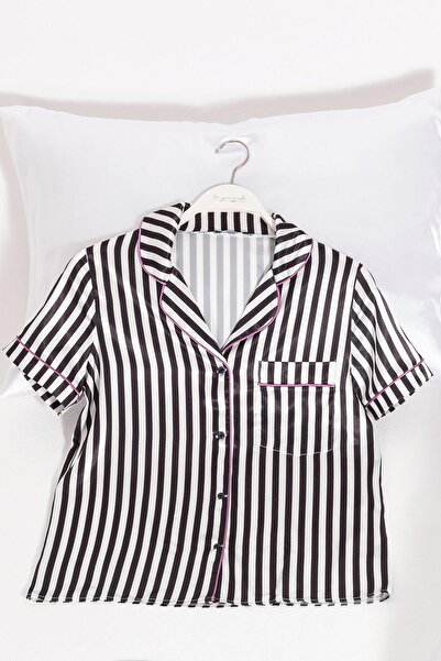 FOR YOU MODA 5-teiliges Set aus schwarz-weiß gestreiften Satin-Pyjamashorts