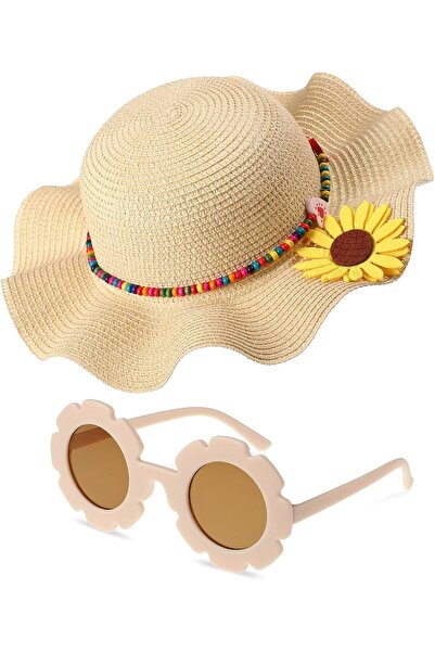 AZONEE قبعة صيفية من القش للفتيات مع حافة عباد الشمس ونظارة شمسية دائرية