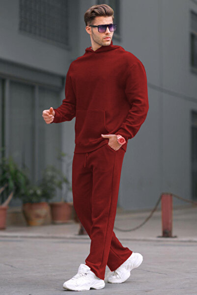 YAKAMEL Men's Hooded 3-Thread Fleece-Lined Wide Leg Elastic Waist Sweatpants Set