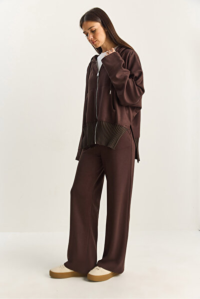 Bianco Lucci Women's Ribbed Oversized Hooded Zippered Sweat Wide Leg Comfort Pants Set 4038 60283855