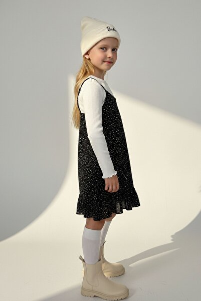 Kübra Tekstil Girl's Black Polka Dot Ruffle Gilet Dress Long Sleeve Corded Fabric Bodysuit 2-Piece Set- Girl's Set