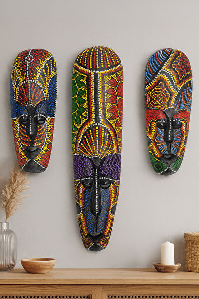 Hedicaret Üçlü Mask Seti Aborjin Ahşap Duvar Objesi Maske Yüz Surat