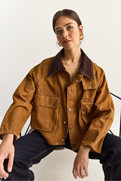 Bianco Lucci Γυναικείο τζιν μπουφάν με βελούδινο γιακά με λεπτομέρεια μεγάλης τσέπης Gabardine oversized 6051 60283862