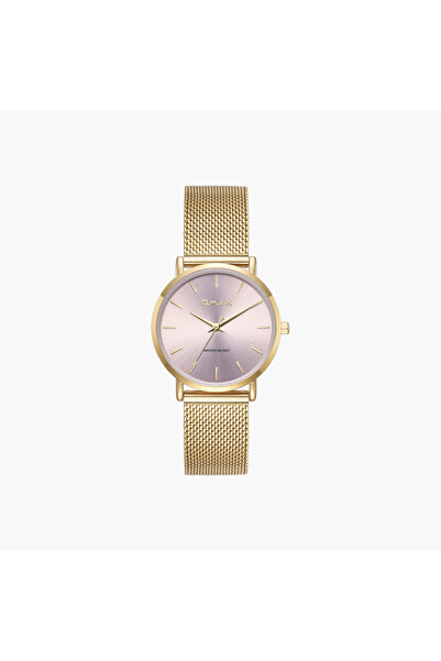 Omax ساعة نسائية بحزام شبكي ذهبي