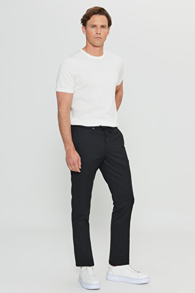 ALTINYILDIZ CLASSICS Ανδρικό μαύρο παντελόνι εφαρμοστό με λεπτή εφαρμογή με δεμένη μέση και πλαϊνές τσέπες