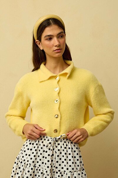 Ceylan Otantik Lemon Yellow Polo Neck Plush Cardigan