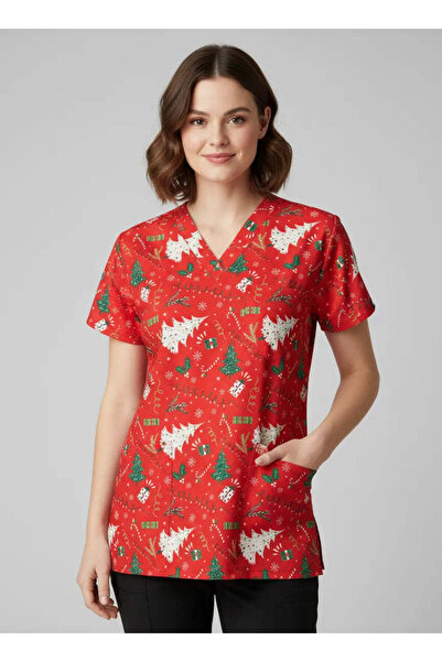 DEMOTEKS Women's Printed Elastane Medical Blouse - Scrub Top Uniform Christmas Tree