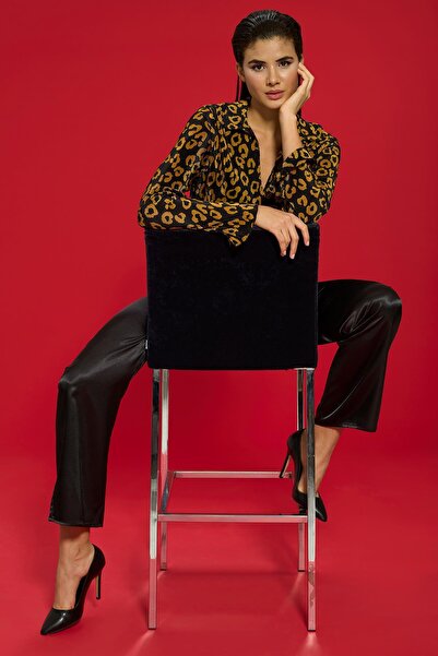 FOR YOU MODA 6-teiliges schwarzes Pyjama-Set mit plissiertem Leopardenmuster und Bustier