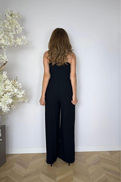 gesmoda G1654 Double-Breasted Collar Stone Strap Jumpsuit Black