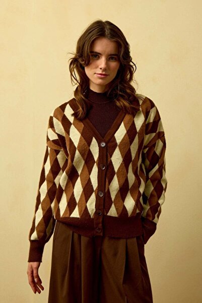 Ceylan Otantik Bitter Brown Baklava Patterned Knitwear Cardigan