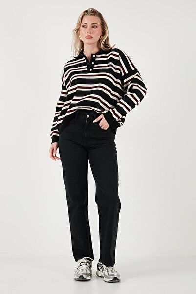 Lela Πουλόβερ με ριγέ λαιμόκοψη με κουμπιά oversized Fit POLO COLLAR SWEATER 4615259