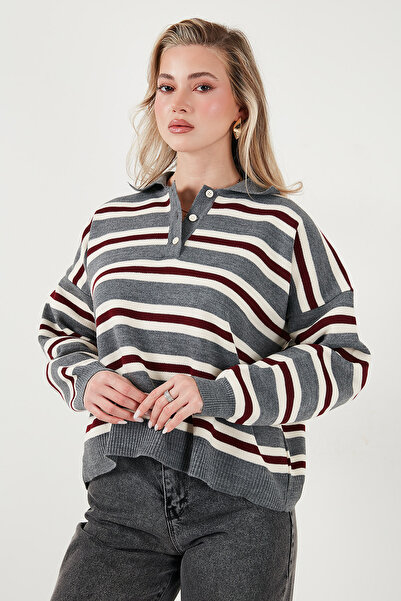 Lela Striped Oversized Fit Buttoned Polo Neck Sweater Polo Neck Sweater 4615259