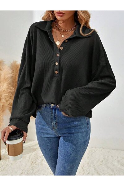 JANES Women's Long Sleeve Collared Buttoned Loose Waffle Blouse