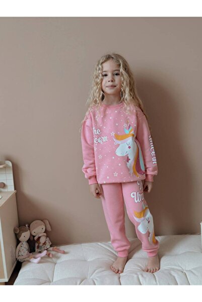 ARBİ kids طقم شتوي ناعم ثلاثي الخيوط من يونيكورن للبنات مبطن بالصوف