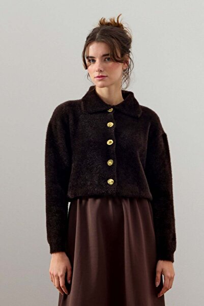 Ceylan Otantik Bitter Brown Polo Neck Plush Cardigan