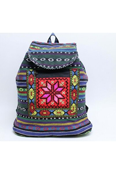 MÜJÜNÜN HEDİYELERİ Ethnic Patterned Woven Backpack – Colorful Bohemian Fabric Bag (37X35 cm)