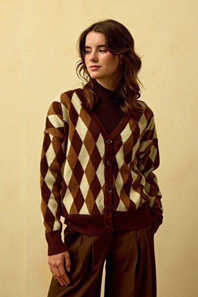 Ceylan Otantik Bitter Brown Baklava Patterned Knitwear Cardigan