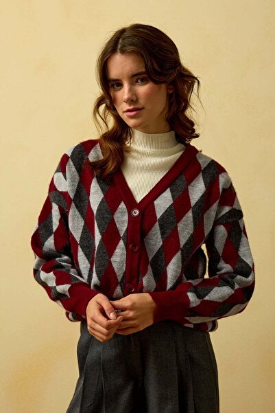 Ceylan Otantik Burgundy Baklava Patterned Knitwear Cardigan