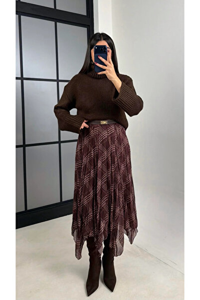 My Blog Brown Plaid Patterned Asymmetrical Skirt - 2210