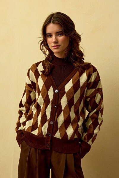 Ceylan Otantik Bitter Brown Baklava Patterned Knitwear Cardigan